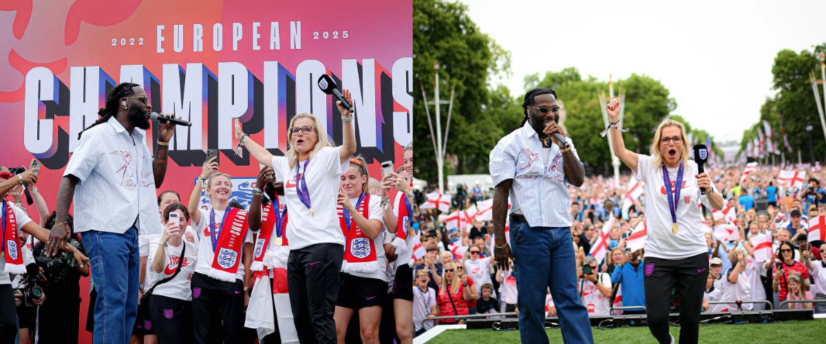Burna Boy Performs at England Women's Euro Parade, Surprises Sarina Wiegman