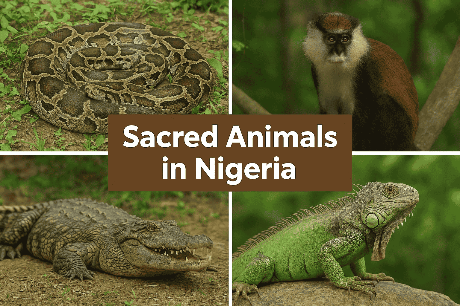 Sacred animals in Nigeria , python, monkey, crocodile, and iguana in cultural traditions
