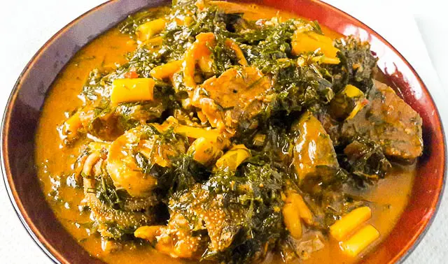 A plate of Okazi soup, one of the indigenous foods of Abia state.